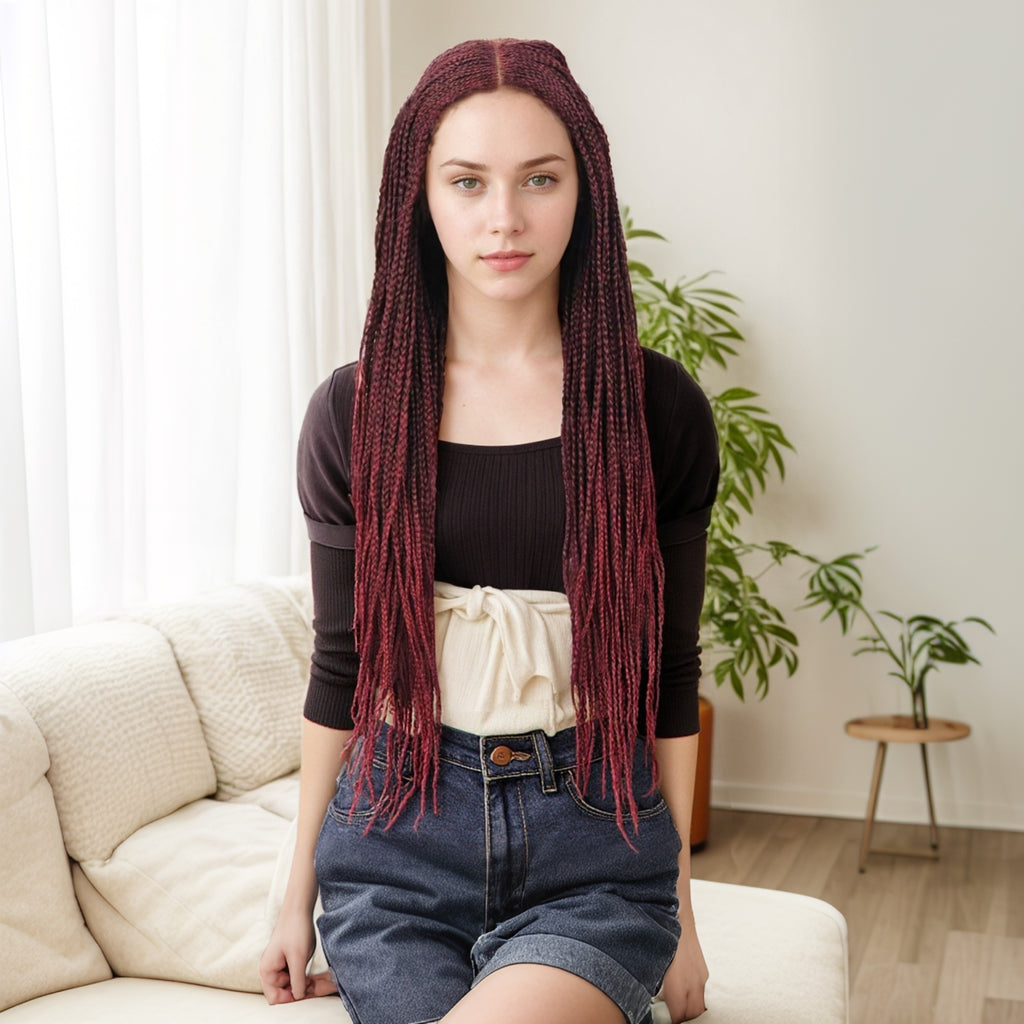 30 Inch Braided Wigs For Black Women Full Lace Front Box Braided Wig Knotless Braided Wigs Lightweight Braids Synthetic Lace Front Wig Black Plus Light Brown Hand Braided Wigs With Baby Hair Synthetic